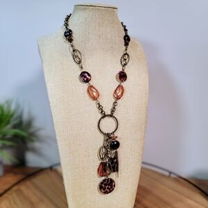 Antique Bronze Metal Statement Necklace with Amber beads and Chain Tassels Boho